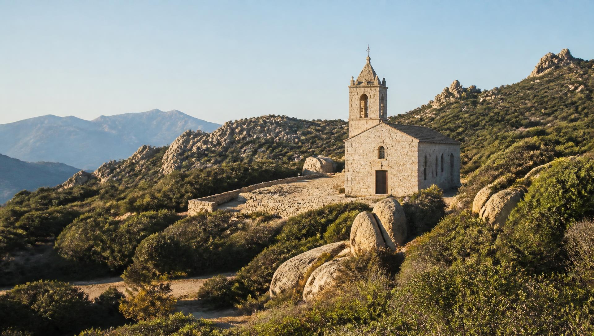 Église de village en pierre de granit au milieu du maquis, en Alta Rocca
